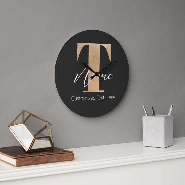 Modern Monogrammed Initial T & Name Personalised Large Clock (Office)