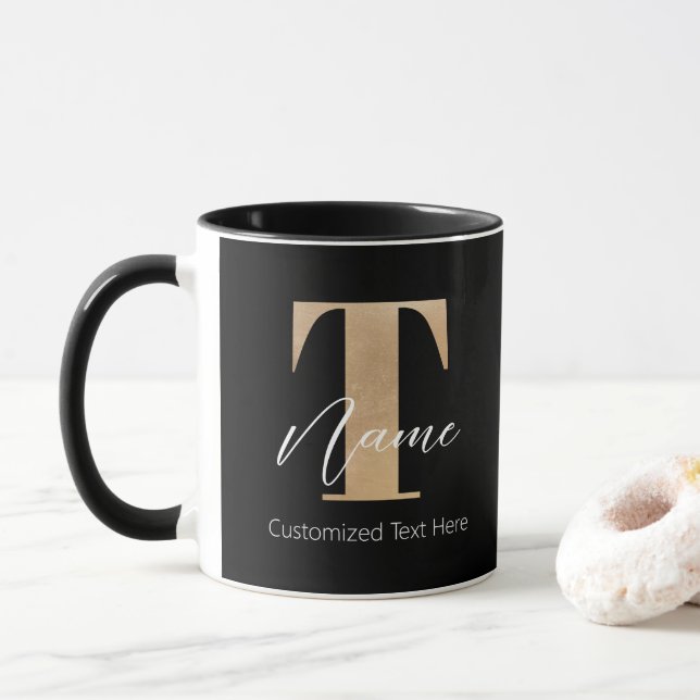 Modern Monogrammed Initial T & Name Personalised Mug (With Donut)