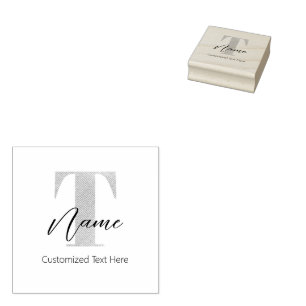 Modern Monogrammed Initial T & Name Personalised Rubber Stamp