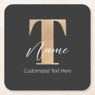 Modern Monogrammed Initial T & Name Personalised Square Paper Coaster