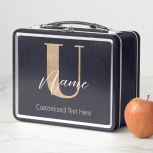 Modern Monogrammed Initial U & Name Personalised Metal Lunch Box
