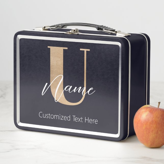 Modern Monogrammed Initial U & Name Personalised Metal Lunch Box (In Situ)