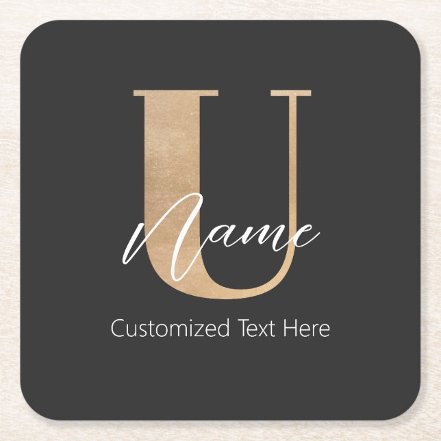 Modern Monogrammed Initial U & Name Personalised Square Paper Coaster (Front)