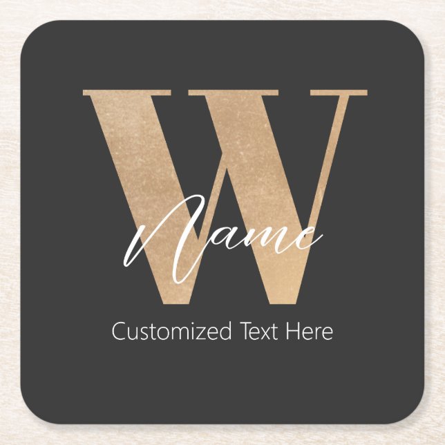 Modern Monogrammed Initial W & Name Personalized Square Paper Coaster (Front)