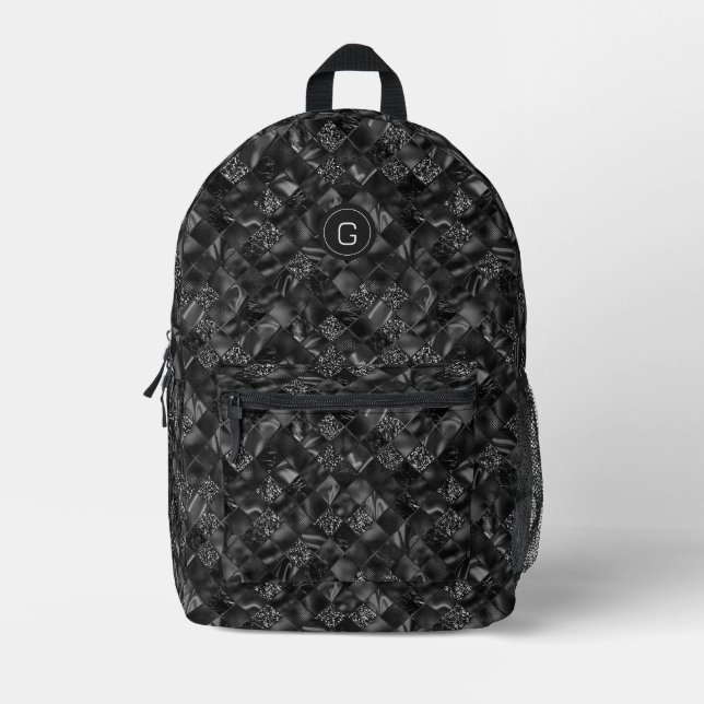 Modern Monogrammed Luxury Black Glitter Pattern Printed Backpack (Front)