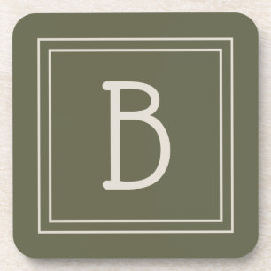 Modern Monogrammed Moss Green & Off White Initial Coaster