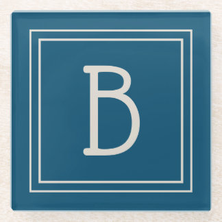 Modern Monogrammed Ocean Blue & Ivory Initial Glass Coaster
