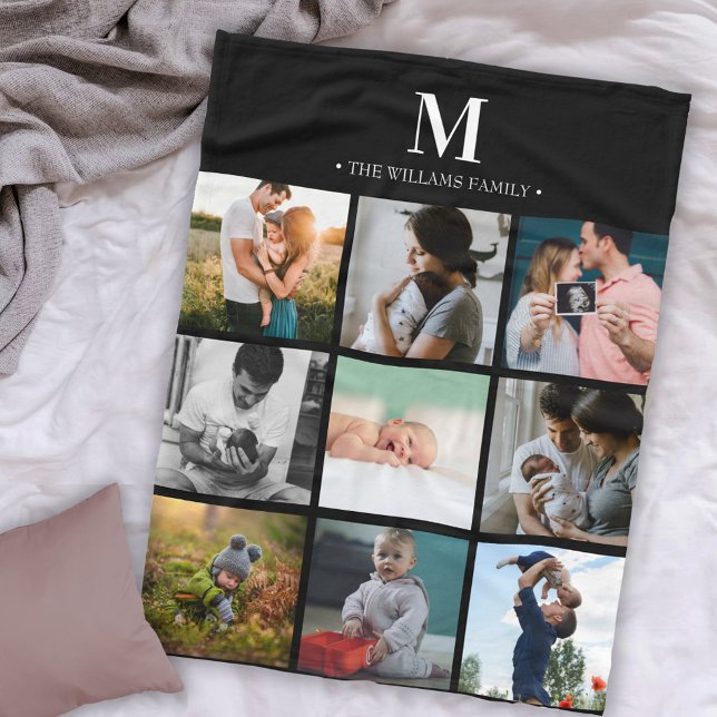 Modern monogrammed photo collage instagram black fleece blanket (Creator Uploaded)