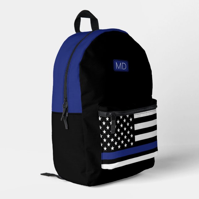 Modern Monogrammed Police Officer Thin Blue Line Printed Backpack (Back Corner Left)
