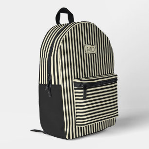 Modern Monogrammed Retro Black & Cream Stripes Printed Backpack