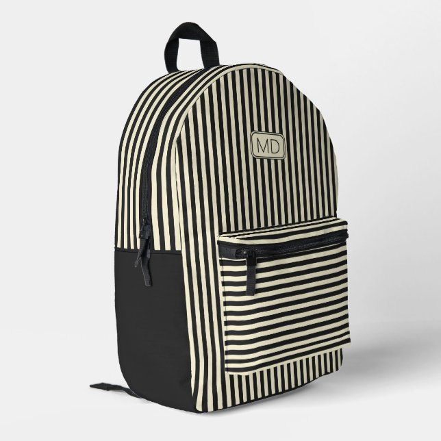 Modern Monogrammed Retro Black & Cream Stripes Printed Backpack (Back Corner Left)