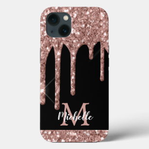 Modern Monogrammed Rose Gold Glitter Drips iPhone 13 Case