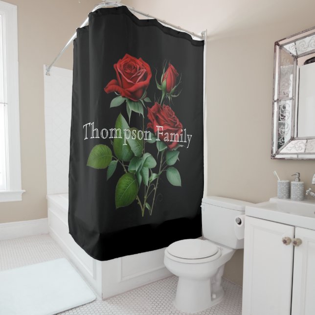 Modern monogrammed Rose l Black Shower Curtain (In Situ)