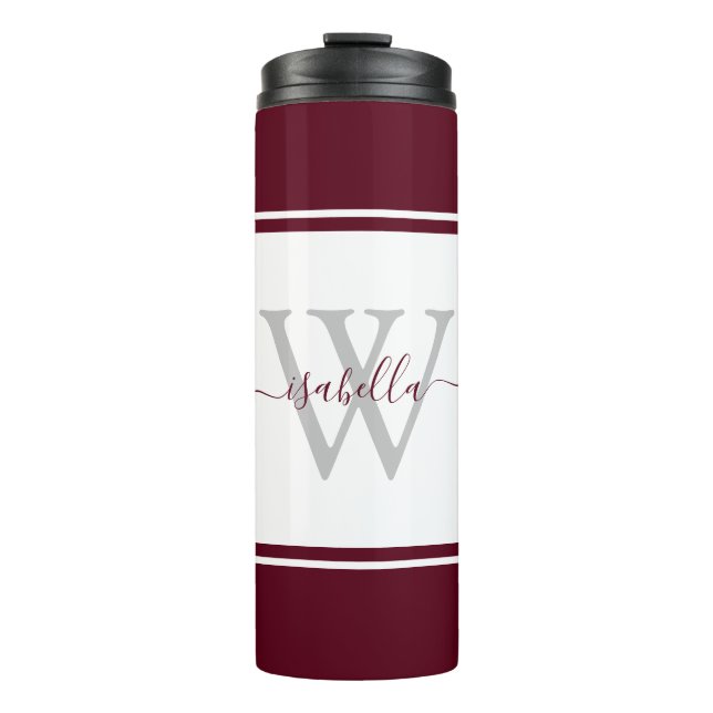 Modern Monogrammed Script Burgundy Thermal Tumbler (Front)