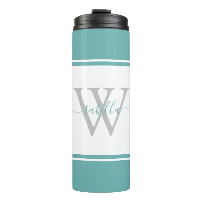 Modern Monogrammed Script Teal Thermal Tumbler (Front)