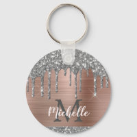 Modern Monogrammed Silver Glitter Drips Pink Metal
