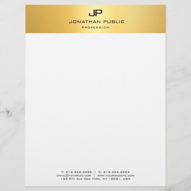 Modern Monogrammed Simple Template Gold White Custom Letterhead (Front)
