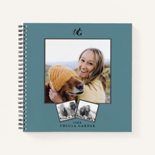 Modern  Monogrammed  Turquoise Blue 3-Photo   Notebook
