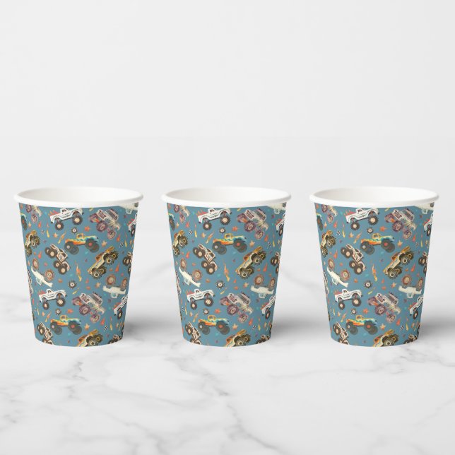 Modern Monster Truck Birthday Watercolor Blue Paper Cups (Multi)