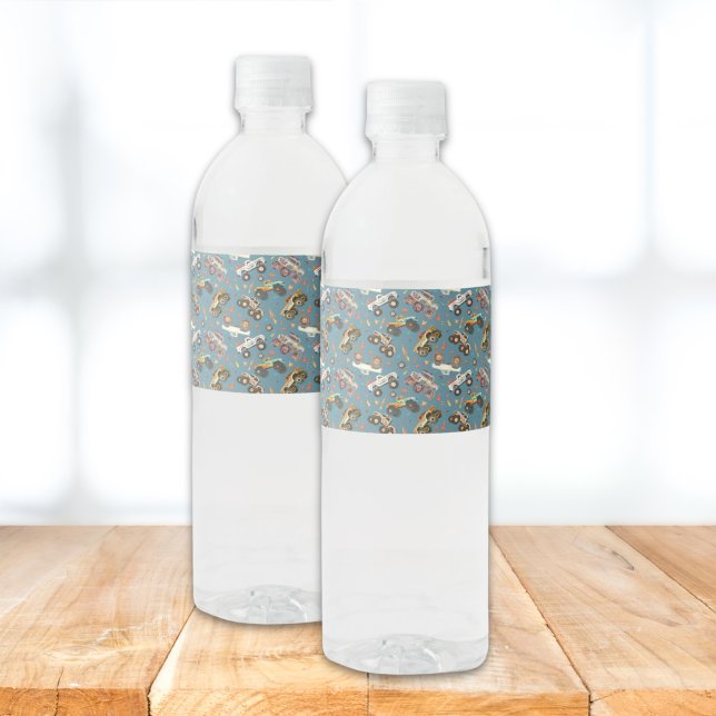 Modern Monster Truck Birthday Watercolor Blue Water Bottle Label (Creator Uploaded)