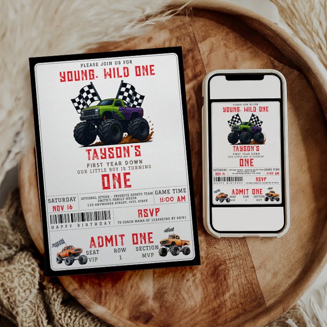 Modern Monster Trucks 1st Birthday Party Invitation (Creator Uploaded)