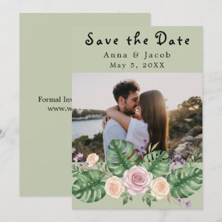 Modern Monstera Leaf Floral Sage Invitation