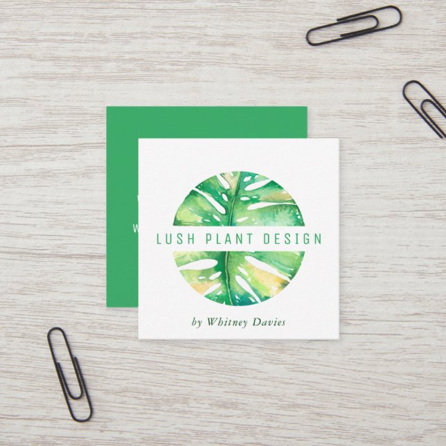 MODERN MONSTERA LEAF LOGO botanical life green Square Business Card (Front/Back In Situ)