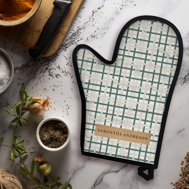 Modern Montauk Grid Green & Beige Oven Mitt & Pot Holder Set (Creator Uploaded)