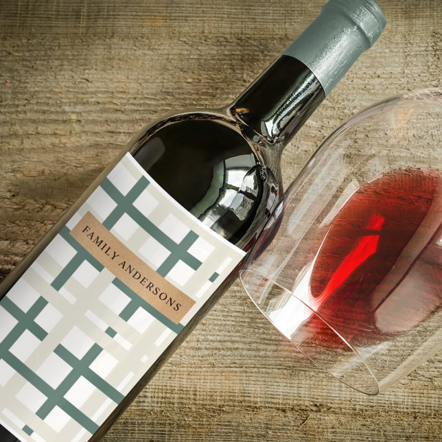Modern Montauk Grid Green & Beige Wine Label (Creator Uploaded)