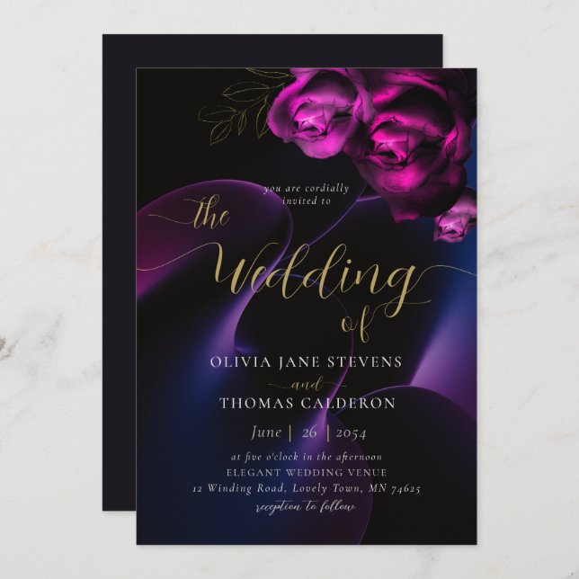 Modern Moody Black Purple Bright Floral Wedding Invitation (Front/Back)