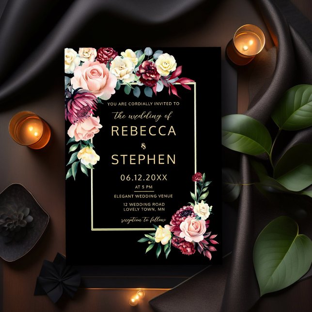 Modern Moody Burgundy Roses Floral Black Wedding Invitation (Creator Uploaded)
