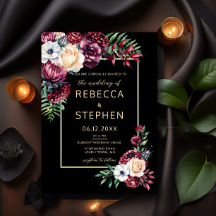 Modern Moody Dark Burgundy Elegant Black Wedding Invitation