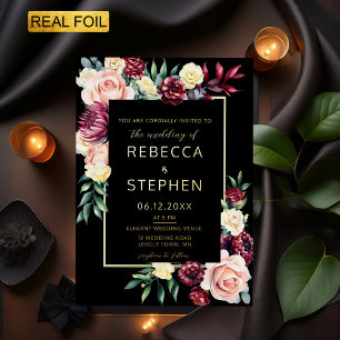 Modern Moody Dark Burgundy Floral Gold Wedding