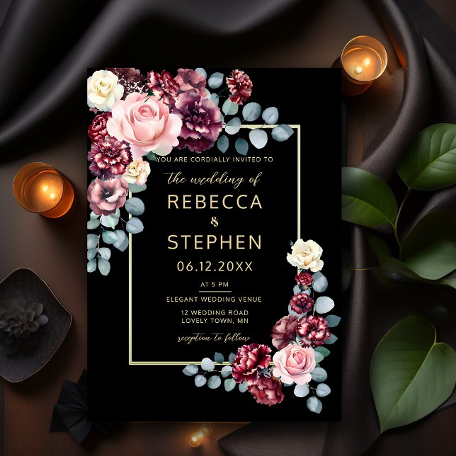 Modern Moody Dark Burgundy Violet Black Wedding Invitation (Creator Uploaded)
