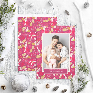 Modern Moody Dark Pink Red Poinsettia Photo Holiday Card