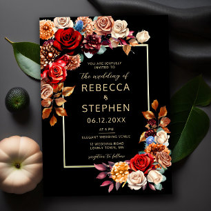 Modern Moody Dark Red Roses Fall Rust Wedding Invitation
