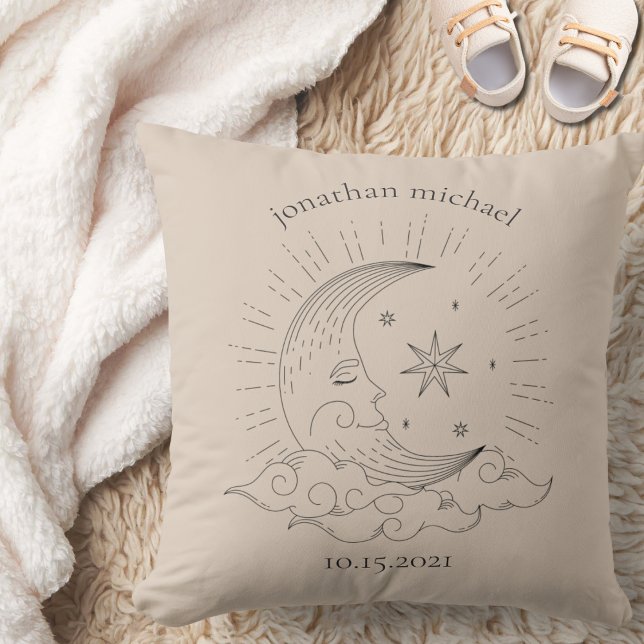 Modern Moon and Stars Birth Announcement Monogram  Cushion (Creator Uploaded)