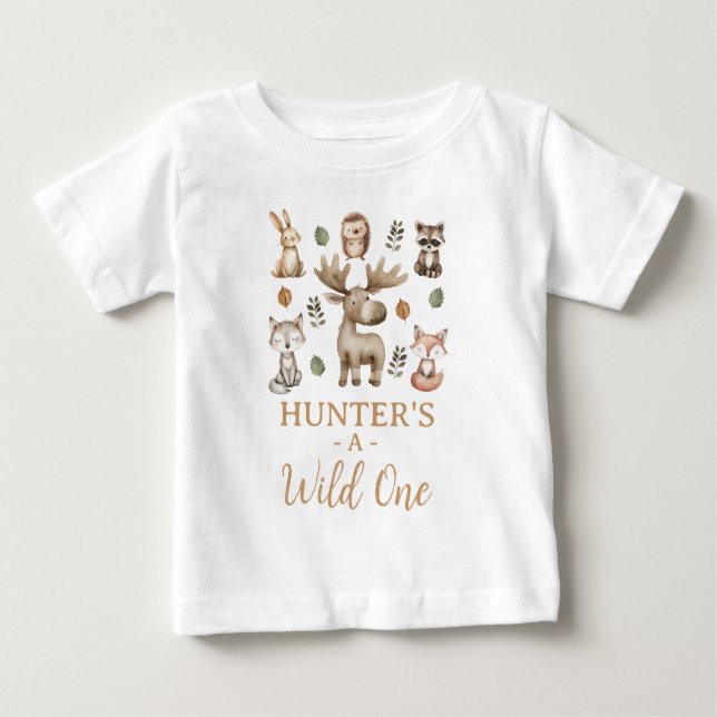 Modern Moose Woodland Wild One 1st Birthday Baby T-Shirt (Front)