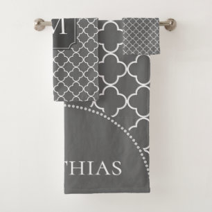 Modern Moroccan Pattern Grey Monogram Bath Towel Set