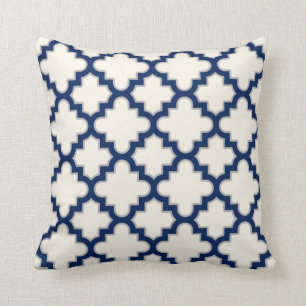 Modern Moroccan Quatrefoil in Cream Navy Blue Grey Cushion