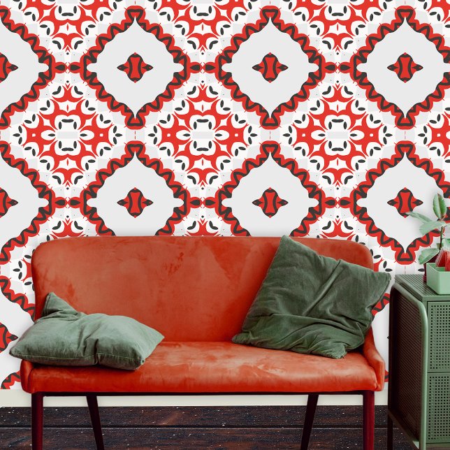 Modern Moroccan Red White Black Geometric  Wallpaper (Creator Uploaded)
