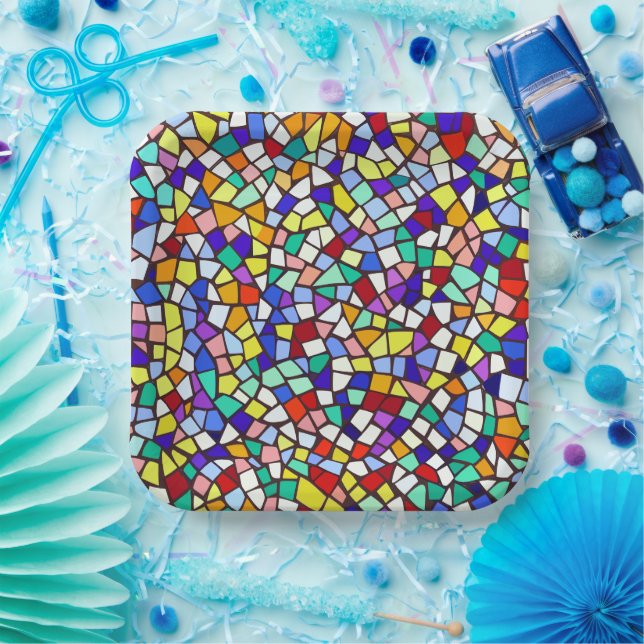 Modern Mosaic Colourful Tiles Pattern Paper Plate (Party)