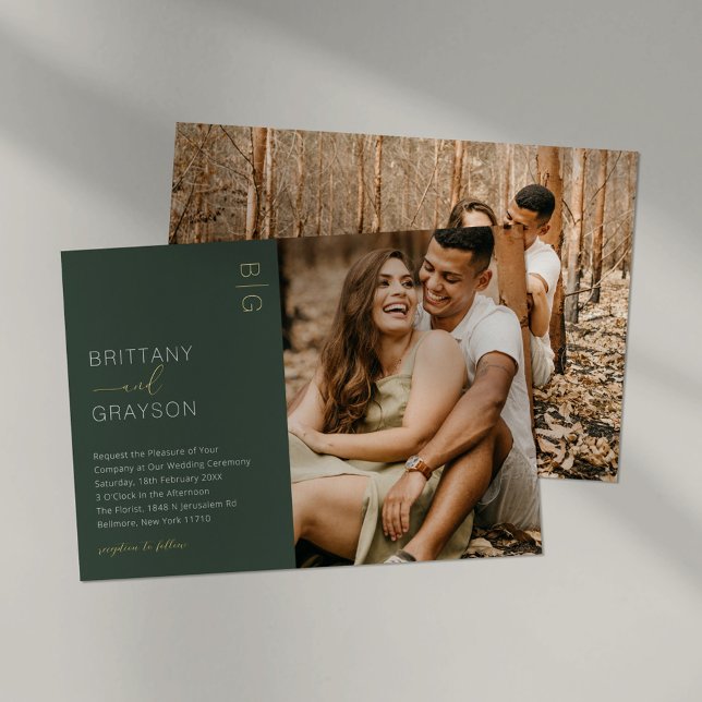 Modern Moss Green 2 Photo Wedding Foil Invitation (Creator Uploaded)
