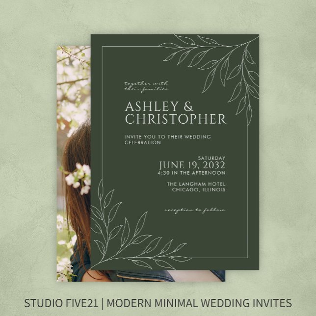 Modern Moss Green Foliage Outline Photo Wedding Invitation (Creator Uploaded)