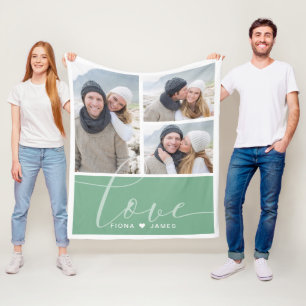 Modern Moss Green Photo Collage Love Personalised Fleece Blanket