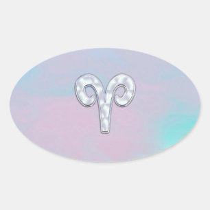 Modern Mother of Pearl Style Aries Zodiac Symbol Oval Sticker