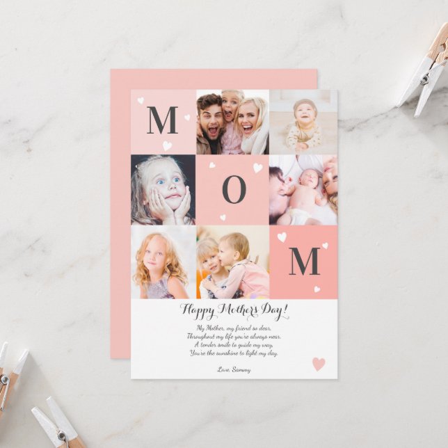 Modern mothers day mum 6 photos collage pink coral card (Front/Back In Situ)