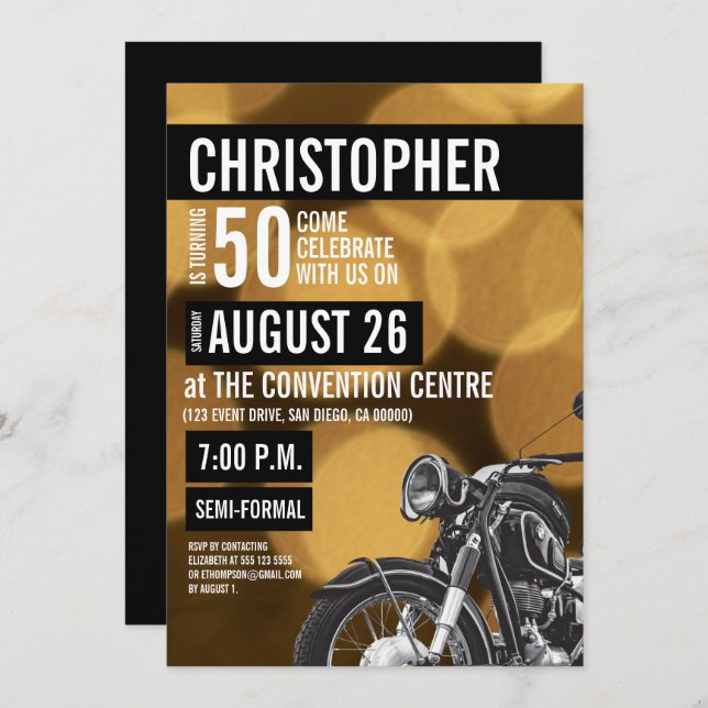 Modern Motorcycle theme 50th birthday Golden Invitation (Front/Back)