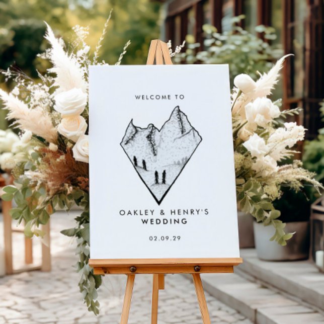 Modern Mountain Heart Sketch Wedding Welcome Sign (Creator Uploaded)