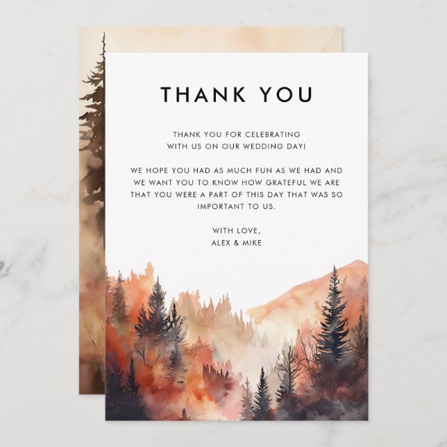 Modern Mountain Wedding Fall Custom Message Thank You Card (Front/Back)